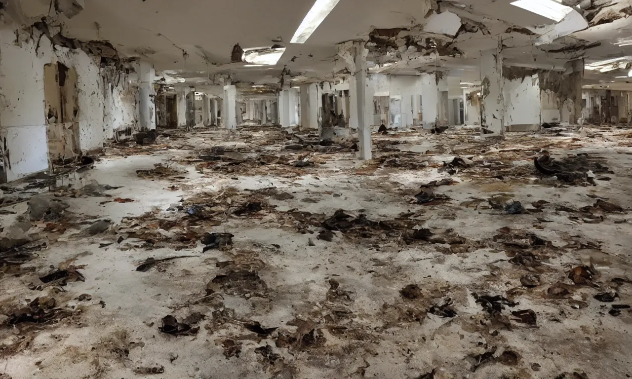 Prompt: backrooms abandoned mall, moldy walls and smoldering stuffed animals sitting in shallow water