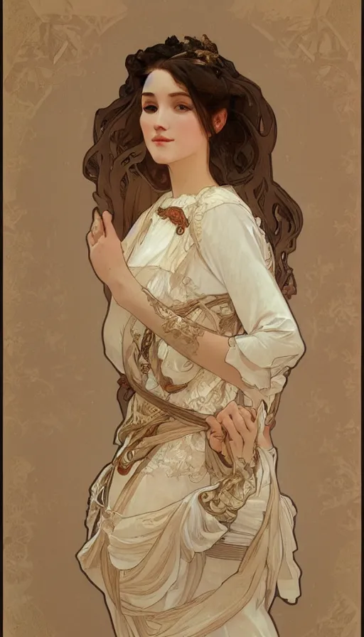 Image similar to elegant, cute girl portrait with open chest white ancient clothes by Alphonse Mucha, and Octane Render