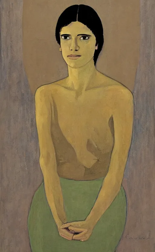 Image similar to a painted portrait of a women, art by felice casorati, aesthetically pleasing and harmonious natural colors, expressionism, fine day, mid shot framing, portrait