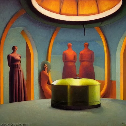 Image similar to three brutalist robotic seers watchers oracles soothsayers inside a dome, pj crook, grant wood, edward hopper, syd mead, oil on canvas