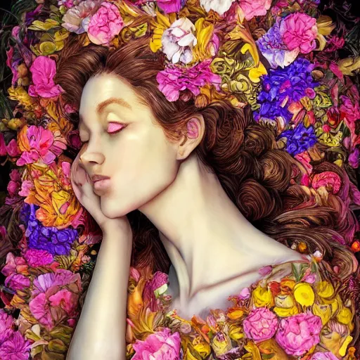 Image similar to the portrait of an absurdly beautiful, graceful, elegant innocent woman made of bananas and petals looking up, an ultrafine detailed illustration by kim jung gi, irakli nadar, intricate linework, bright colors, octopath traveler, final fantasy, angular, unreal engine 5 highly rendered, global illumination, radiant light, detailed and intricate environment