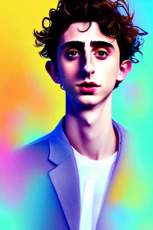 Image similar to a man looks like timothee chalamet, blurred environment background, colorful magic effects, white skin, portrait, male, clothed, sharp focus, digital art, concept art, trending on artstation, dynamic lighting, by emylie boivin and rossdraws