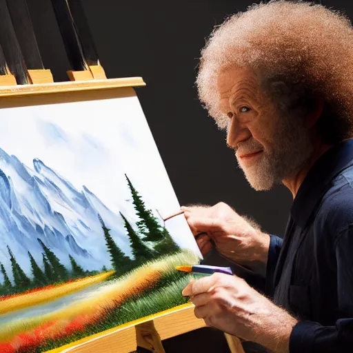 Image similar to a closeup photorealistic photograph of bob ross working on a canvas painting of darth vader. film still. brightly lit scene. mountains and trees. this 4 k hd image is trending on artstation, featured on behance, well - rendered, extra crisp, features intricate detail, epic composition and the style of unreal engine.