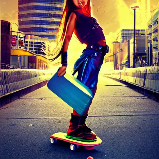 Image similar to symmetrical, full body portrait of a cyberpunk teenage girl on a futuristic skateboard holding a parcel under one arm and a magnetic harpoon in her opposite hand, grinning slyly, City lighting, depth of field, photography, saturated colors, highly detailed, by Stanley Artgerm Lau, WLOP, Rossdraws, James Jean, Andrei Riabovitchev, Marc Simonetti, and Sakimichan, 4k resolution