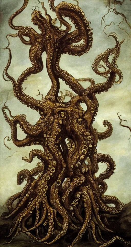 Prompt: mansion house of hungry giant octopus, standing on piles of limbs and bones, hyperrealistic, horror, gothic, lovecraftian, 4 k, realistic, high detail, gruesome, by francisco goya