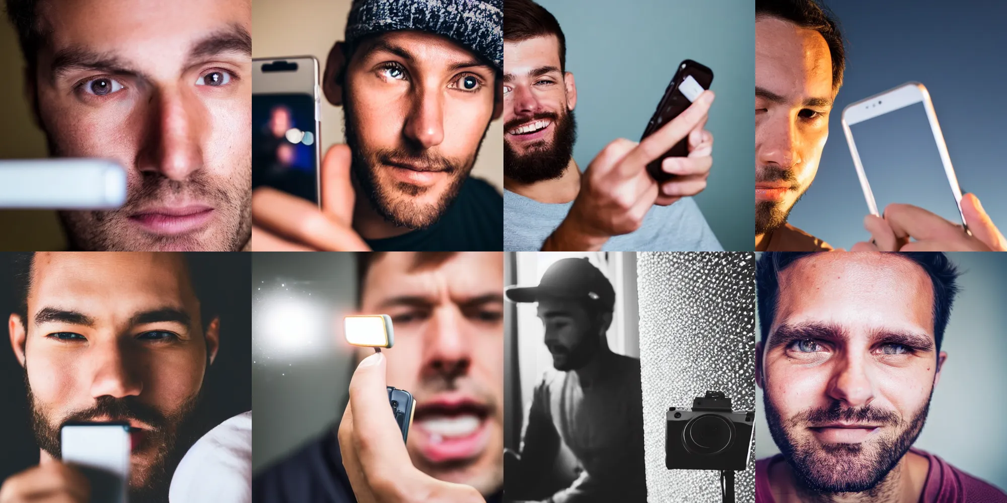 Prompt: a closeup of a man taking a selfie with flash on | highly detailed