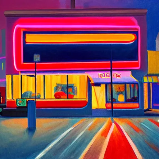 Prompt: a painting of an 80s diner with colorful lights, vintage sports cars are parked in front of it, it is night, the colorful lights of the diner light up the street, in the style of Edward Hopper, 4k,