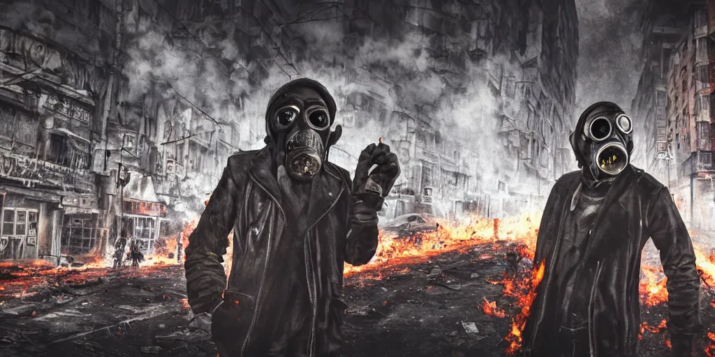 Image similar to post - apocalyptic city streets, close - up shot of an anarchist with a gasmask, burning cars, explosions, acid color smoke, hyperrealistic, gritty, damaged, dark, urban photography, photorealistic, high details