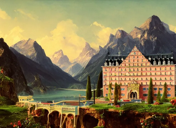 Image similar to painting of the grand budapest hotel in front of beautiful mountains by thomas cole