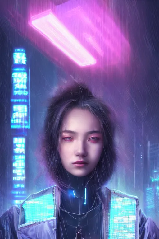 Image similar to portrait futuristic superb cyberpunk young female Summoner, in futuristic stormy heavy snowy thunder flashing tokyo rooftop cyberpunk night, ssci-fi, fantasy, intricate, very very beautiful, elegant, neon light, highly detailed, digital painting, artstation, concept art, soft light, hdri, smooth, sharp focus, illustration, art by tian zi and craig mullins and WLOP and alphonse mucha