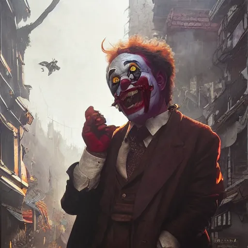 Prompt: a vicious clown with a detailed face at a crowded urban street making an offer you cant refuse, fantasy oil, greg rutkowski, higly detailed, 4 k