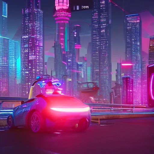 Image similar to Neon cyberpunk cityscape including CN tower of Toronto Canada with flying cars and advertisement screens, Blender 3D, Unreal Engine, 8k, by Jordan Grimmer and Andrea Pozzo