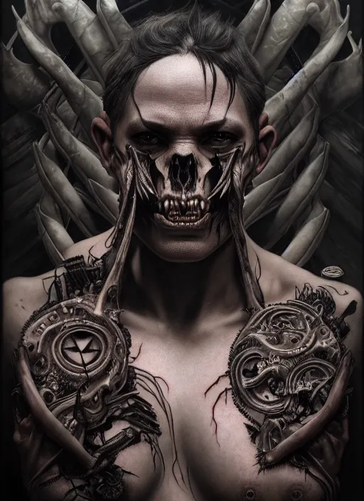 Prompt: ultra realistic, male human predator, goth, tattoos, leather, fantasy, flesh, bone, body horror, intricate details, eerie, highly detailed, octane render, 8 k, art by artgerm and alphonse mucha and greg rutkowski