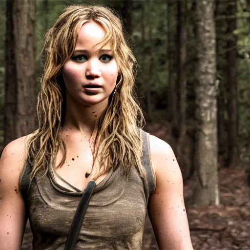 Image similar to first shot of jennifer lawrence in rambo remake, ( eos 5 ds r, iso 1 0 0, f / 8, 1 / 1 2 5, 8 4 mm, postprocessed, crisp face, facial features )