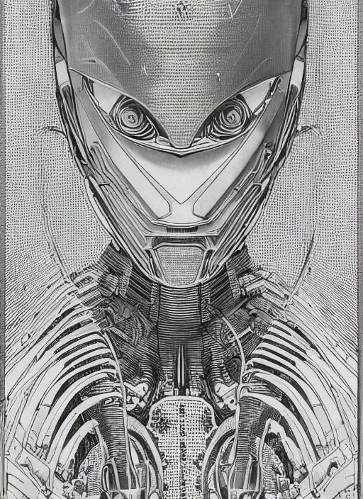 Image similar to 2 d illustration, grained risograph, vintage sci - fi comicbook portrait of a futuristic silver armored geisha district 9 cyborg, parallax, fractal, intricate, elegant, highly detailed, subsurface scattering, by jheronimus bosch and moebius louis jacques mande daguerre and szukalski