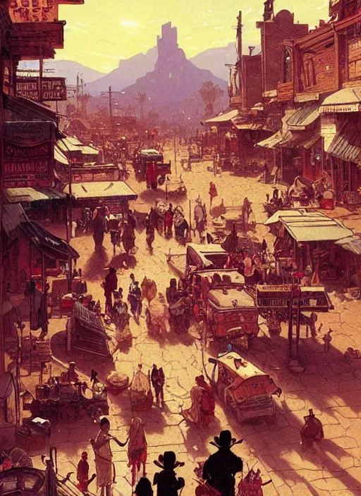 Prompt: beautiful scene commission of a bustling desert western town. Atmospheric. Renowned scene illustration by greg rutkowski, thomas kindkade, alphonse mucha, loish, norman rockwell. detailed, inked, western comic book art