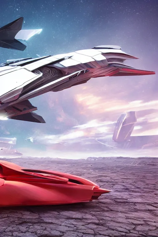 Prompt: professional photograph of a beautiful neo - futuristic simplified symmetrical space fighter docked on a desert plateau by ilm, denis villeneuve, emmanuel shiu, zaha hadid, vapor, cinematic architectural scale, red paint detail, manga, dramatic, volumetric, concept art, hard surface, hyperrealism, high detail, trending on artstation, sharp focus, rendered in octane