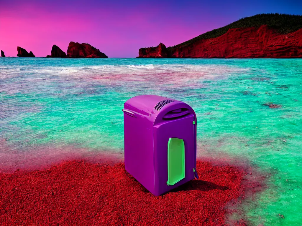 Image similar to purple refrigerator, red sand beach, green ocean, nebula sunset