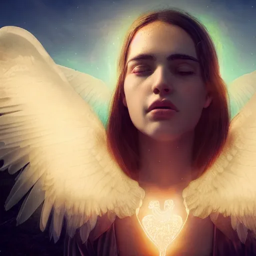 Image similar to portrait art of female angel, art by alessio albi 8 k ultra realistic, angel wings, lens flare, atmosphere, glow, detailed, intricate, full of colour, led lighting, trending on artstation, 4 k, hyperrealistic, focused, extreme details, unreal engine 5, masterpiece