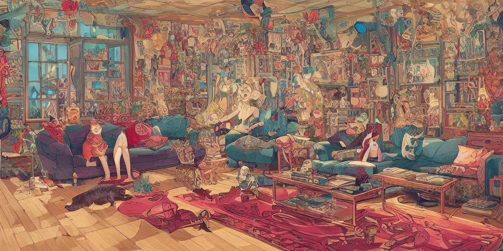 Prompt: a beatiful living room with cats, extremely detailed, sharp focus, wide view, smooth, digital illustration, colorfull, by james jean, by rossdraws, frank franzzeta, sakimichan, mcbess, aphonse mucha