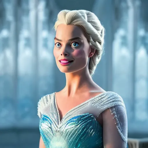 Image similar to Margot Robbie as Elsa in disney frozen live action, 8k full HD photo, cinematic lighting, anatomically correct, oscar award winning, action filled, correct eye placement,