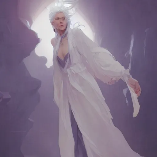 Prompt: woman, white clothed, white hair, daoist, artstation, concept art, style of greg rutkowski and alphonse mucha