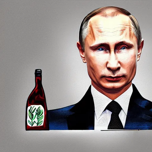 Image similar to vladimir putin wearing a dress and holding a bottle of arak, cinematic, beautiful digital painting, hyper detailed