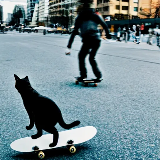 Prompt: photo cat rides on skateboard in big city