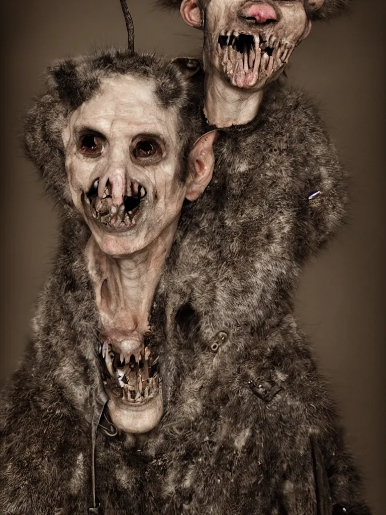 Image similar to 20mm f8 full body portrait photography of a grinning humanoid evil emaciated opossum sheriff in medieval Scotland, by erwin Olaf