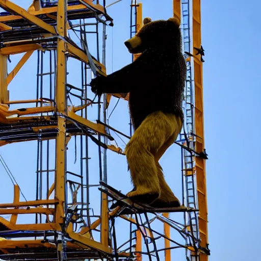 Image similar to man bear rigging a stage on a scaffold