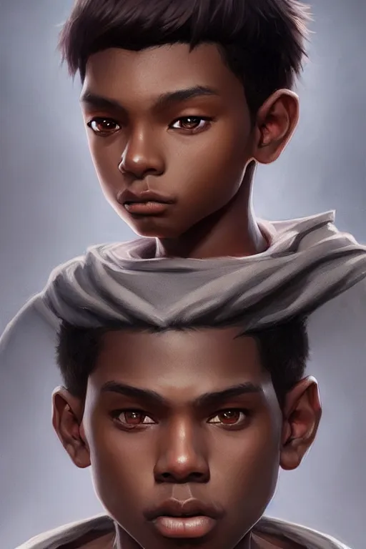 Image similar to young teenager boy with straight short brown hair, dark skin, big lips. highly detailed, d & d, fantasy, highly detailed, digital painting, trending on artstation, concept art, sharp focus, illustration, art by artgerm and greg rutkowski and fuji choko and viktoria gavrilenko and hoang lap