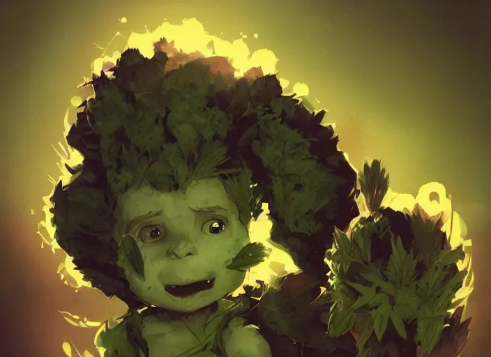 Image similar to duotone concept illustration 3 / 4 portrait of baby face consisting of marijuana, baby groot, cannabis!, cinematic volumentric lighting, jim cheung, david marquez, mike deodato jr, ilya kuvshinov, makoto shinka, behance hd by jesper ejsing, by rhads, hyper detailed, octane render, concept art, artstation