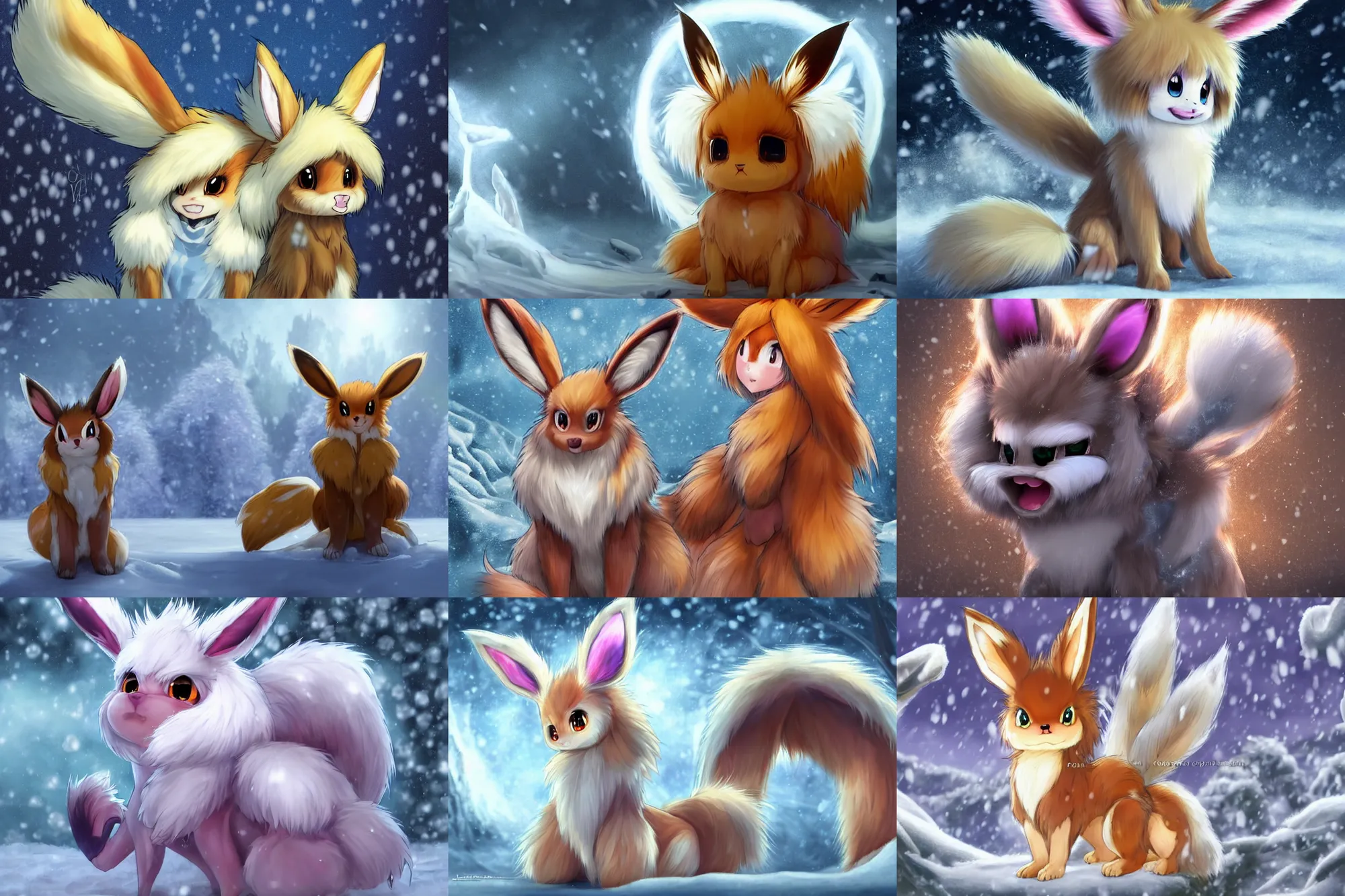 Prompt: fan art rendering of a happy anthro fuzzy eevee evil comb sitting in snow eevee high resolution anthro eevee humanoid, CGsociety UHD 4K highly detailed, intricate heterochromia sad, watery eyes with clawed finger in nose eevee anthro kneeling poofy synthetic fur tail bloody fur wearing bow braided tail looking down bleeding eevee anthro tongue sticking out wearing a sash smiling in winter facing the moon zions national