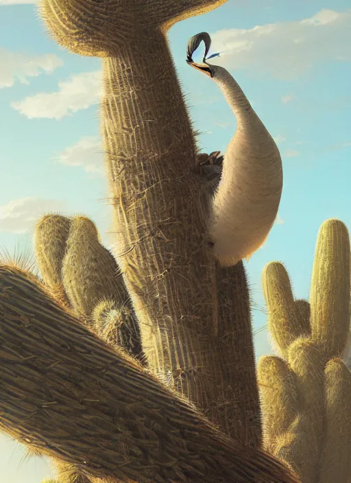 Image similar to A dodo bird perched atop a Saguaro cactus in the desert, digital art, trending on Artstation, high detail, sharp focus, illustration, art by artgerm and greg rutkowski.