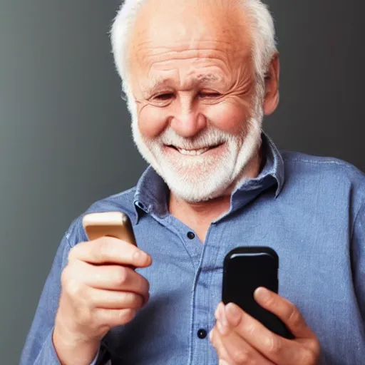 Image similar to hide the pain harold internet meme looking down and holding a phone in his hands, smiling, stock photo, professional lighting, detailed, artstation