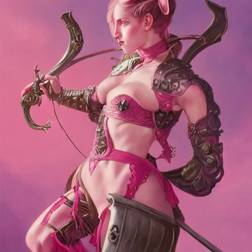 Image similar to cute pink tiefling demon bard performer, leather armor, rapier, pink skin, cute horns, violin, intricate, elegant, highly detailed, digital painting, artstation, concept art, smooth, sharp focus, illustration, art by artgerm and greg rutkowski and alphonse mucha