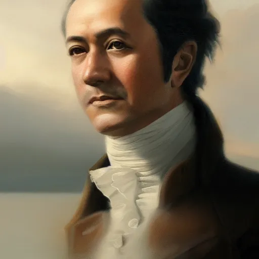 Image similar to modern day alexander hamilton closeup portrait, dramatic light, lake background, 2 0 0 mm focal length, painted by stanley lau, painted by greg rutkowski, painted by stanley artgerm, digital art, trending on artstation