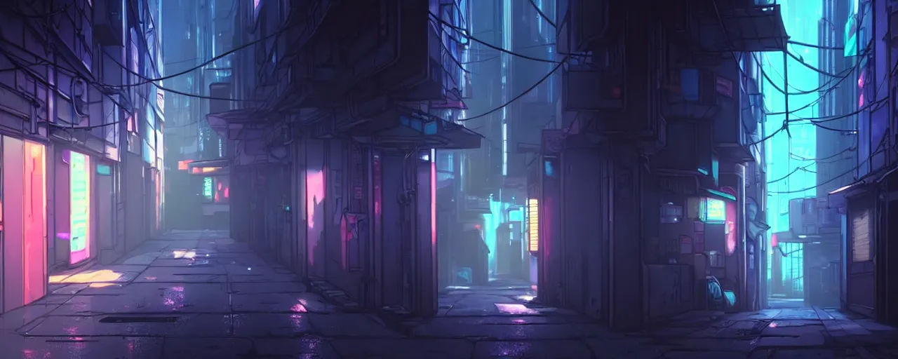 Image similar to a close up of a city alleyway in the atmospheric cyberpunk anime film, gouache matte background painting, neon noir, at night with lights, by makoto shinkai, in the anime series ergo proxy, beautiful specular edge highlights and rim lighting