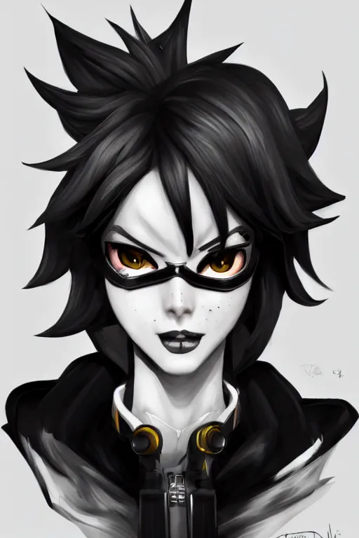 Image similar to digital drawing of tracer from overwatch in a goth style, wearing black lipstick and black eyeliner, 4 k, artstation, beautiful artwork, volumetric lighting, extremely detailed, neutral expression, focus on face, fog,