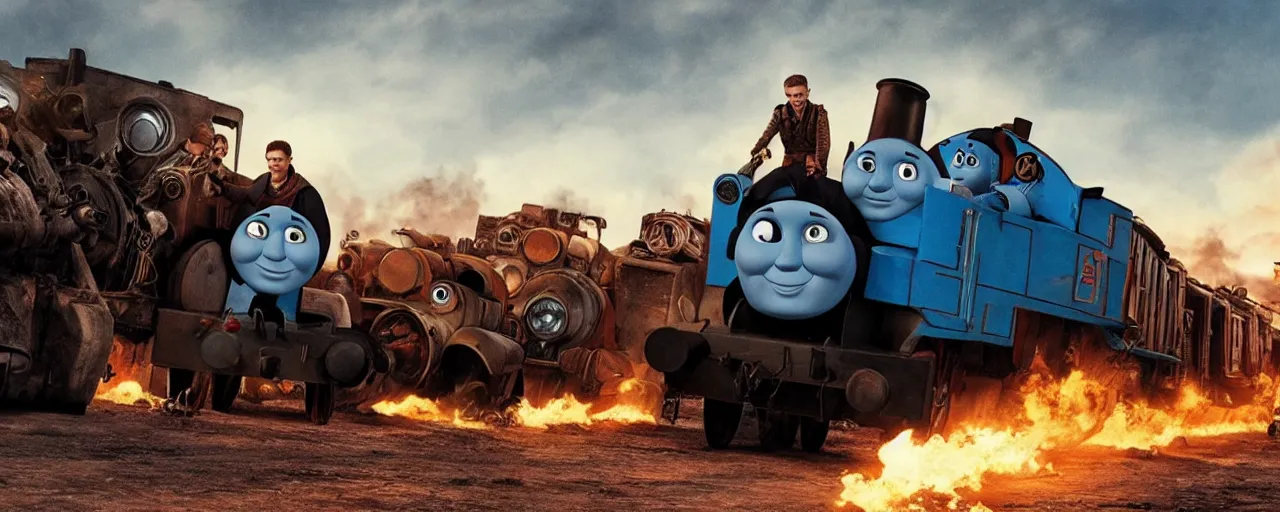 Image similar to Thomas the Tank Engine in the fiery Wasteland of MAD MAX: FURY ROAD