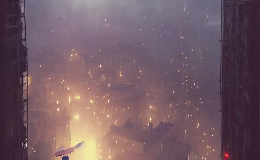 Prompt: person with umbrella flying through city roofs buildings, moody sunset, late night, detailed characters, by greg rutkowski, alphonse mucha, beeple, sharp focus, digital art, smooth, light refraction, pixiv art, volumetric lighting, makoto shinkai