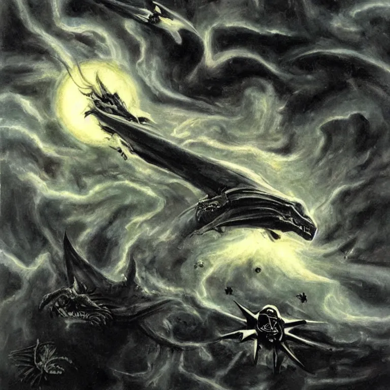 Image similar to painting by h. r. giger, menacing dragon soaring above the clouds, blackhole sun, dark undertones, exodus of the stars