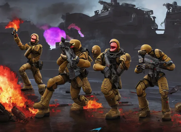 Image similar to digital painting of xcom squad taking fire from the toy story aliens in a world war 2 battlefield, sharp focus, intricate