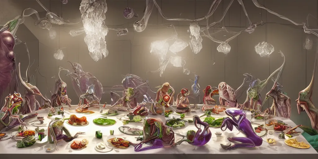 Image similar to !view from the kitchen, behind the chefs we see !13 diverse aliens enjoying a rich salad around a marble table, !positioned as last supper cinematic lighting, crystals and diamonds, fantasy, surreal, floating, highly detalied, 4k, artstation, by Wayne Barlowe