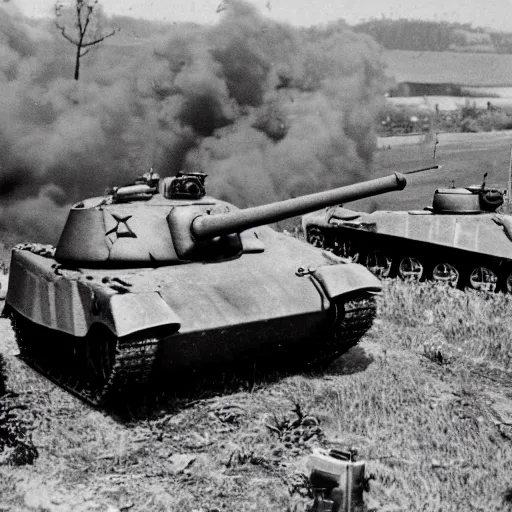 Prompt: Photo of a tank duel between a T34 and King Tiger