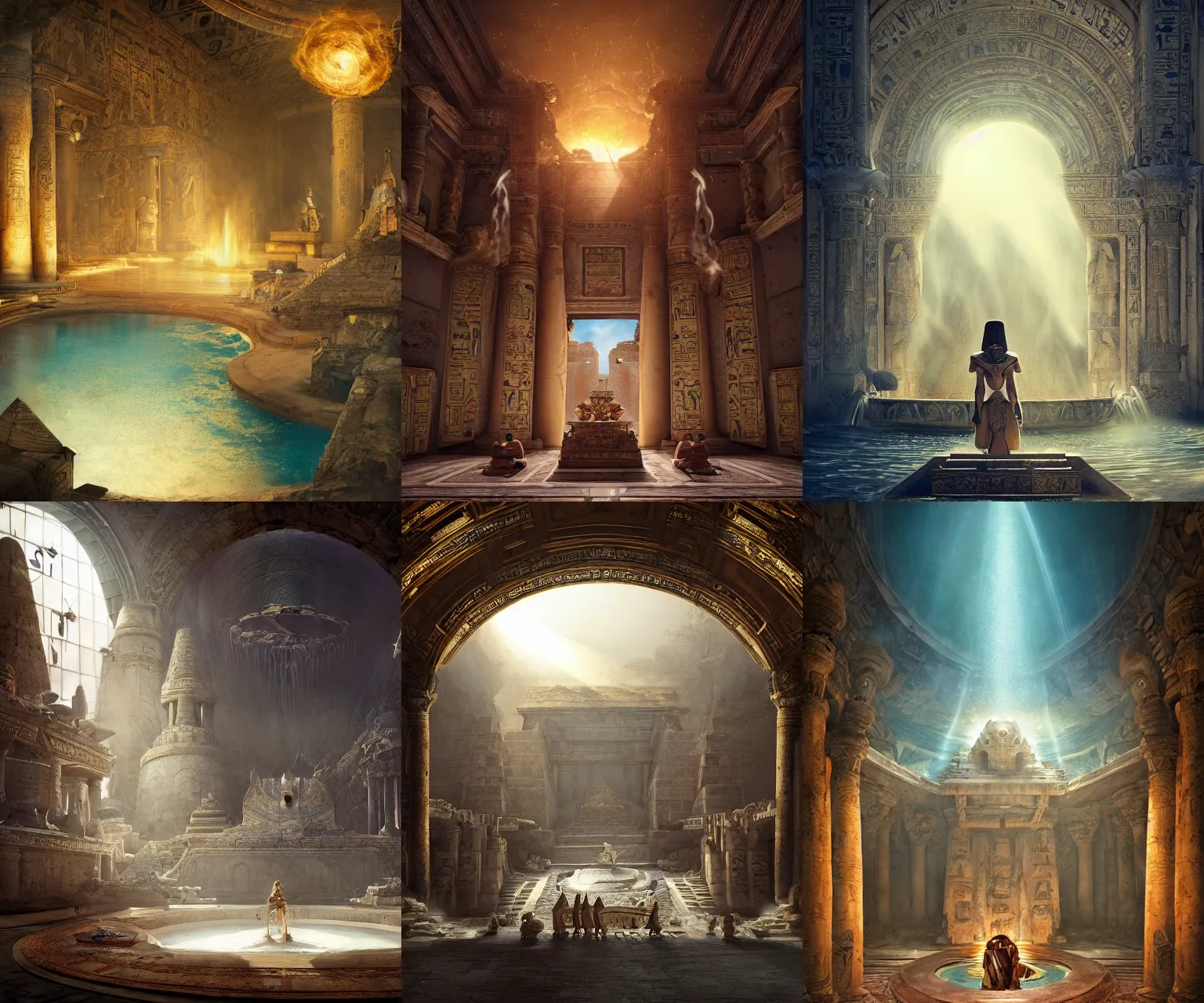 Prompt: fantasy movie scene andreas rocha and canaletto and noriyoshi ohrai detailed digital art of ornate and royal egyptian antechamber tomb, cleopatra in a circular pool with an erupting galaxy, epic atmosphere, sharp sunray lighting, cinematic lighting, fine details, 4 k, unreal engine, hyperrealism, cinematic composition, blender render, realistic, detailed textures