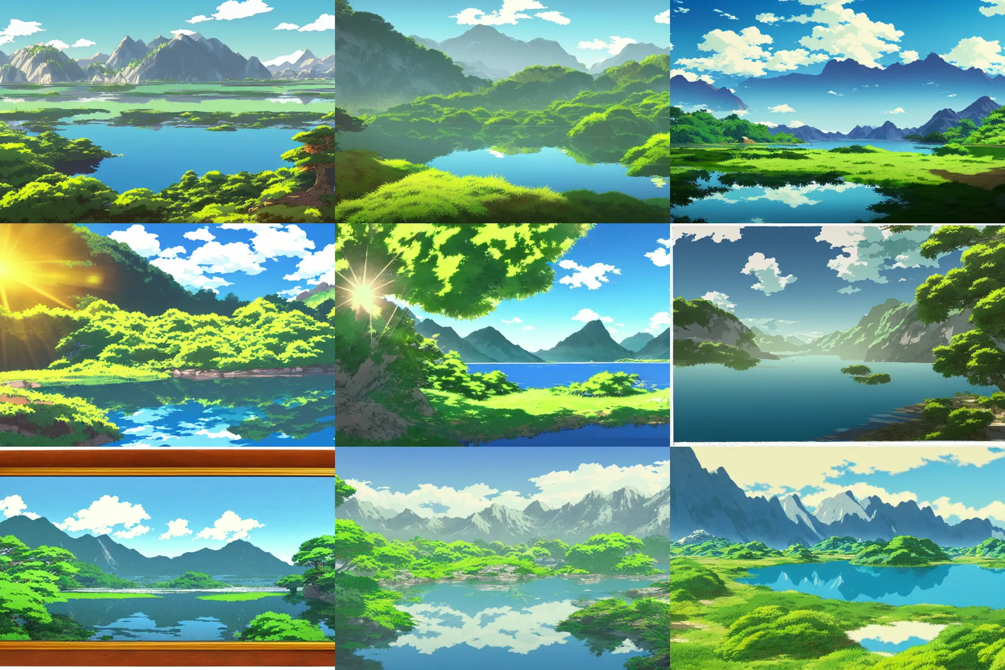 Prompt: landscape with a lake and big mountains, direct sunlight, detailed, sharp focus, anime style, by studio ghibli and kazuo oga