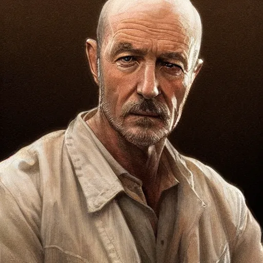 Image similar to portrait of John Locke from Lost as a detective, highly detailed, digital painting, artstation, concept art, sharp focus, illustration, art by artgerm and greg rutkowski and alphonse mucha