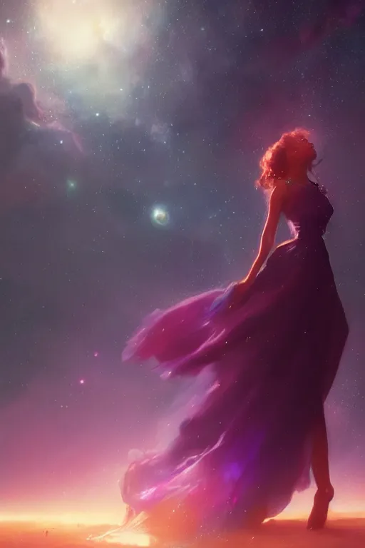 Image similar to a woman, wearing a dress made of stars and nebulae, dramatic, volumetric lighting, planets in the background, smooth, sharp focus, very detailed, by greg rutkowski, artstation, tom badshaw, 8 k, symmetrical face