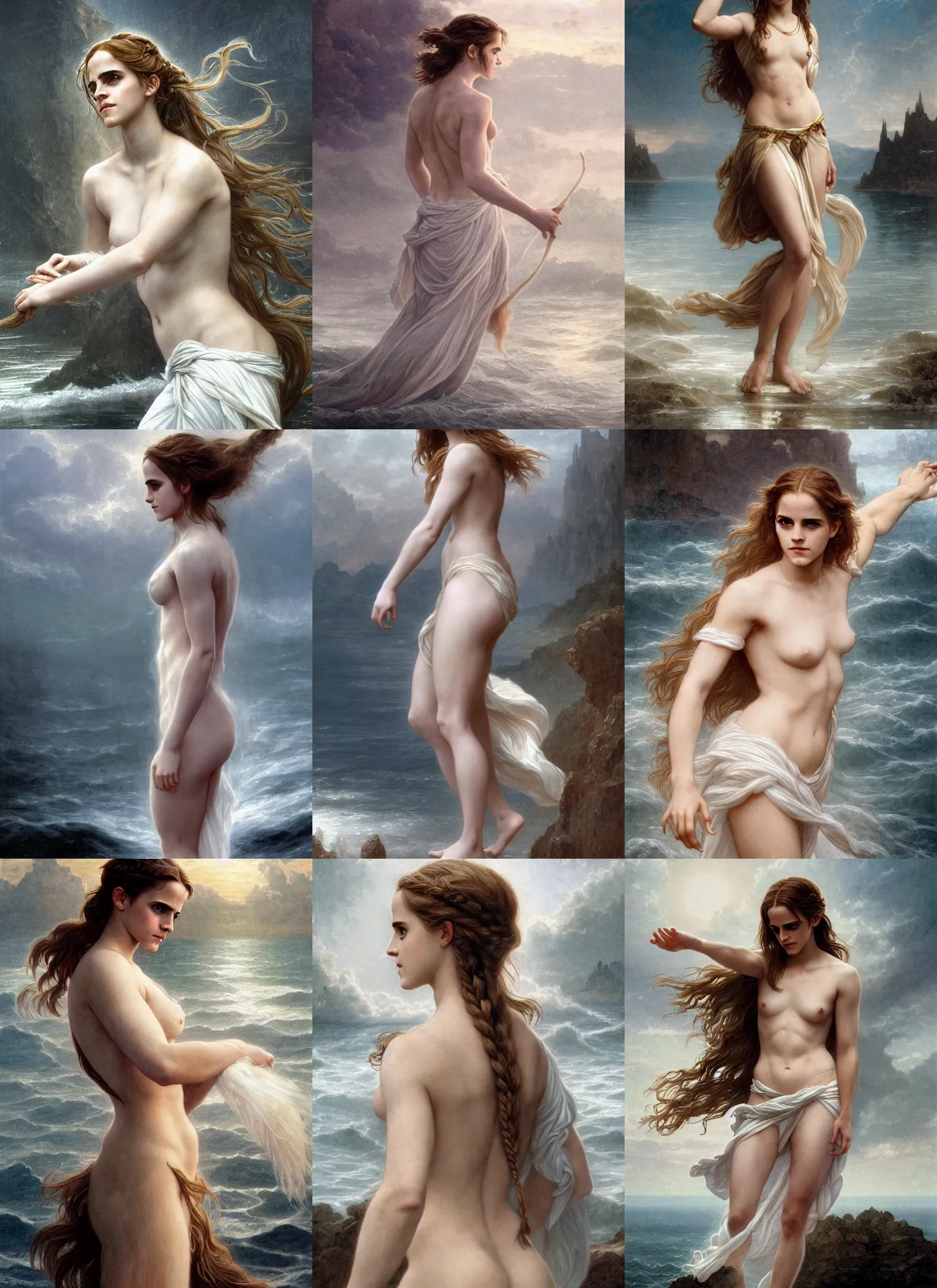 Prompt: emma watson as aphrodite, front view, long braided blond hair, walking on water, white cloth in wind, intricate, moody, dark, highly detailed, artstation, concept art, sharp focus, illustration, bouguereau, rutkowski, mucha